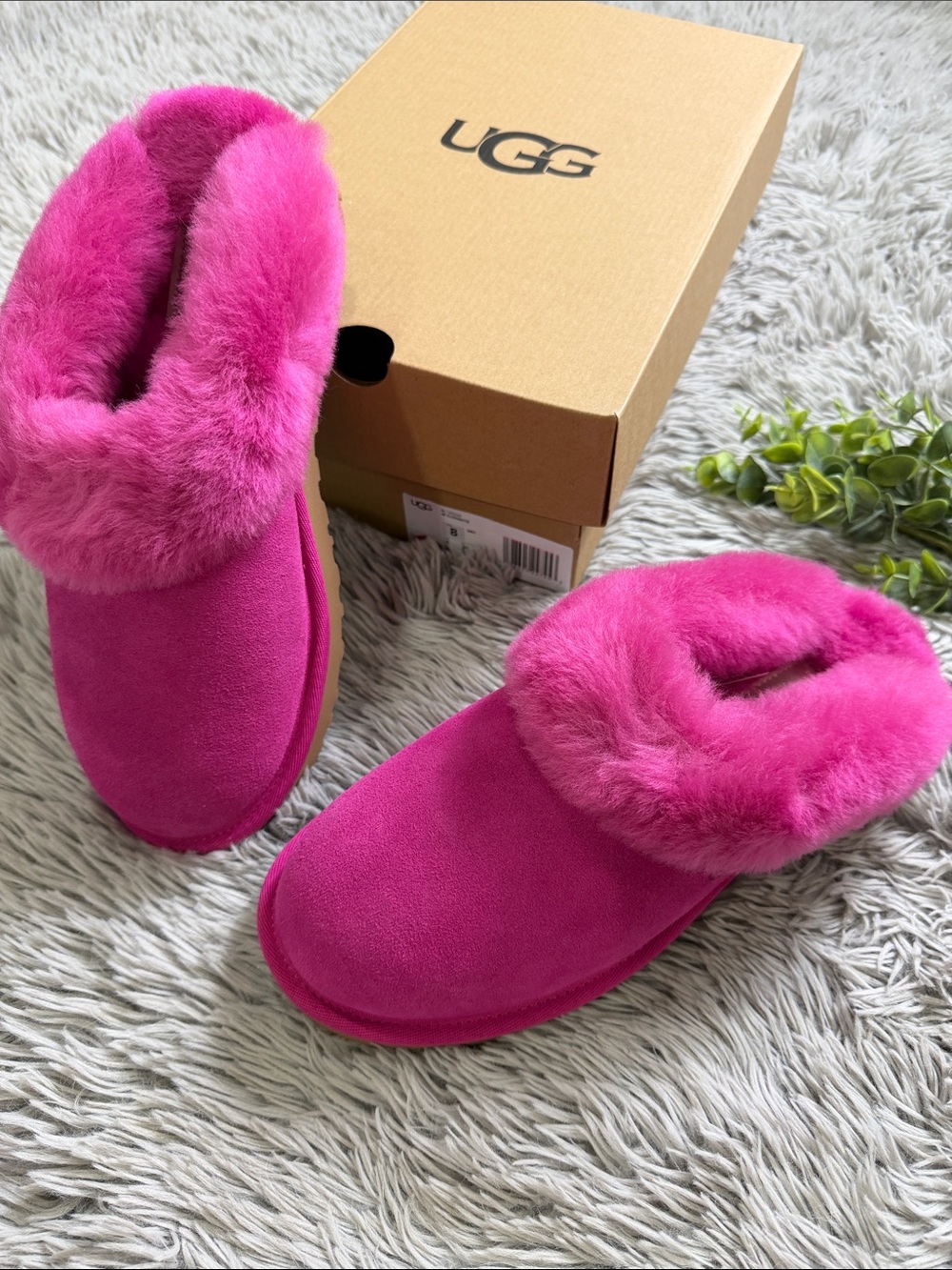 NIB UGG Clugette Women's Fuchsia Plush Sheepskin Slippers size 8